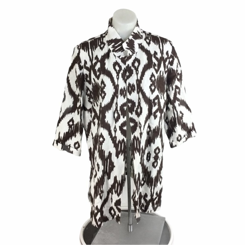 Chicos Brown White ikat printed jacket Linen Open Front Size 2 Large